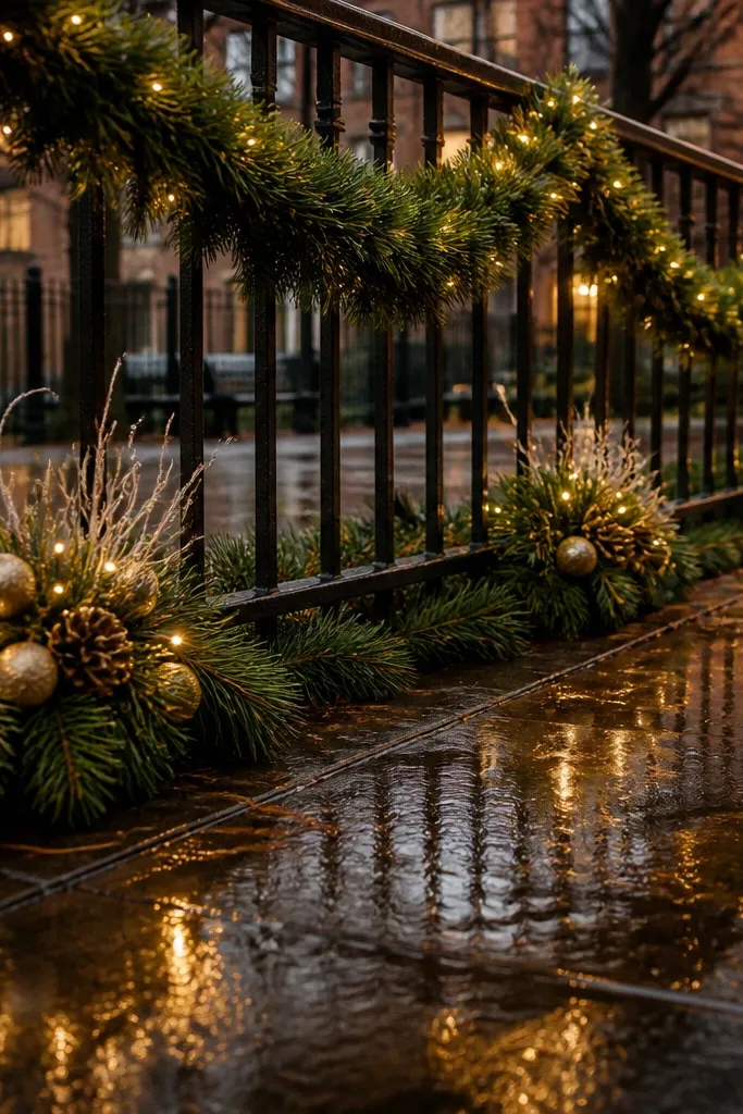 Bottom rail wrapped with greenery and a few ornaments, no hanging cords