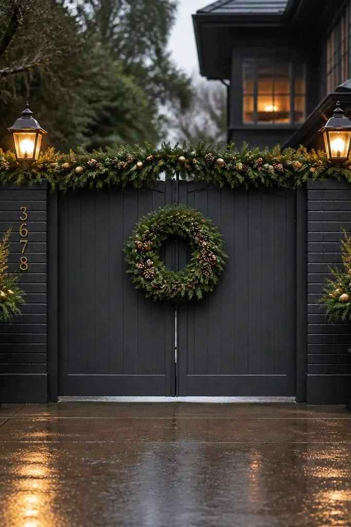 Clean gate with garland, wreath, and lights only, no extra text signs