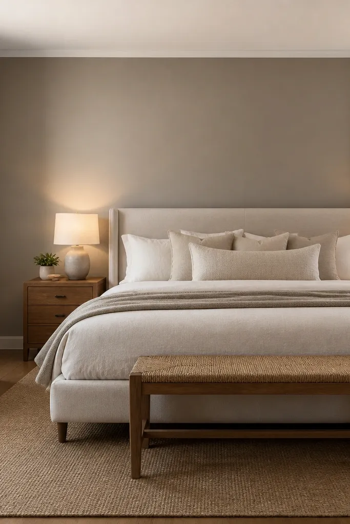 Warm greige wall behind a bed with a thin gap near the ceiling