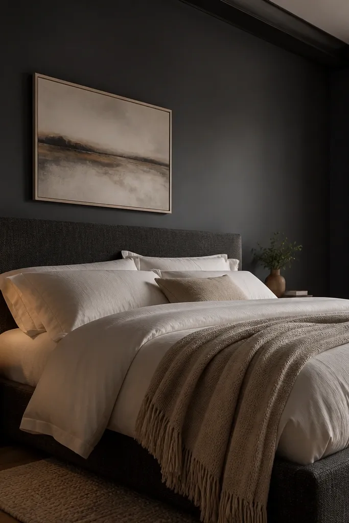 Dark charcoal accent wall behind a bed with matte paint and clean trim lines