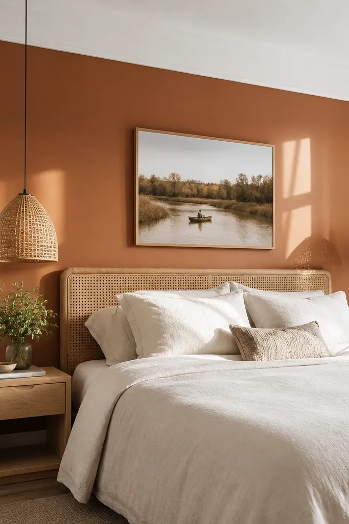 Terracotta painted wall behind bed with white trim border and crisp edges