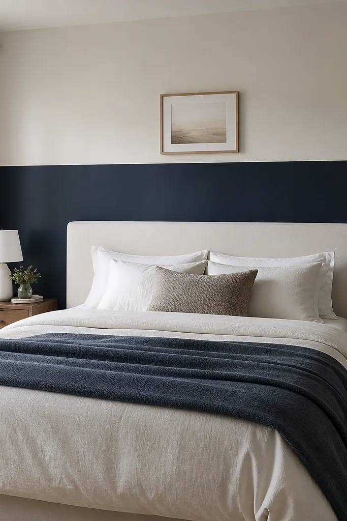 Navy half-height accent wall with white above and clean line behind headboard
