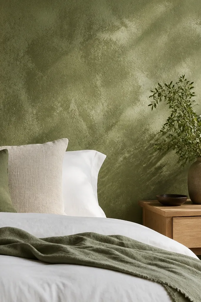Olive green accent wall with light mottled sponge texture behind bed