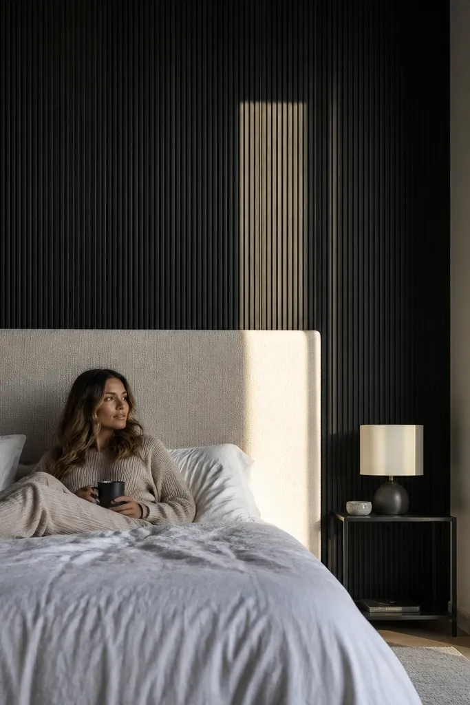 Black accent wall with subtle vertical roller lines behind bed