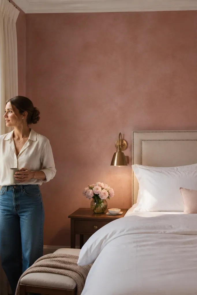 Dusty rose accent wall with a soft, translucent painted wash behind bed