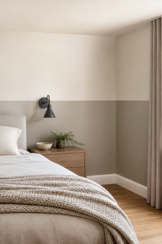 Creamy white walls with a greige corner wrap accent behind bed