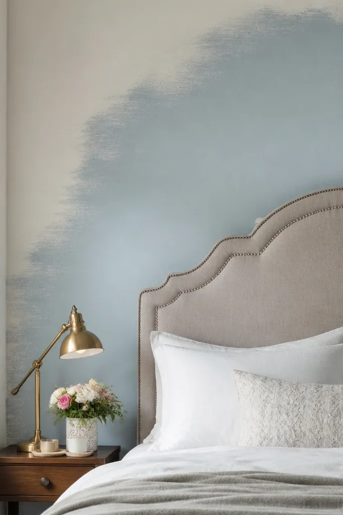 Soft light blue accent wall with a lightly feathered edge behind bed