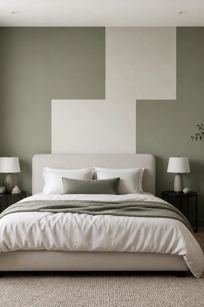 Sage green accent wall with clean geometric blocks behind bed