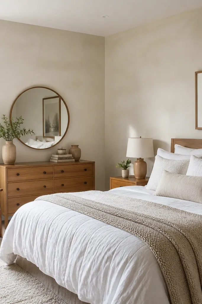 Warm off-white accent wall with a faint tinted wash behind bed