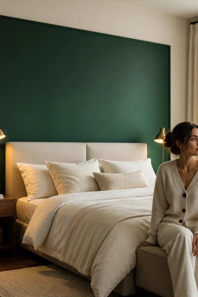 Emerald green accent with a matte headboard-sized frame and clean edges