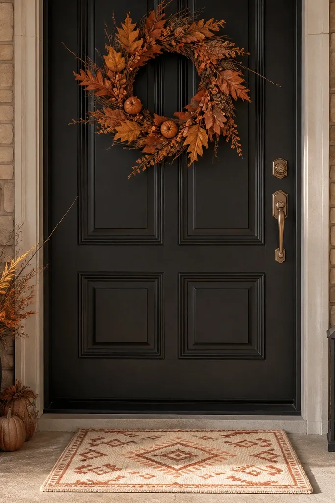 Cream doormat with burnt orange pattern under a small autumn wreath