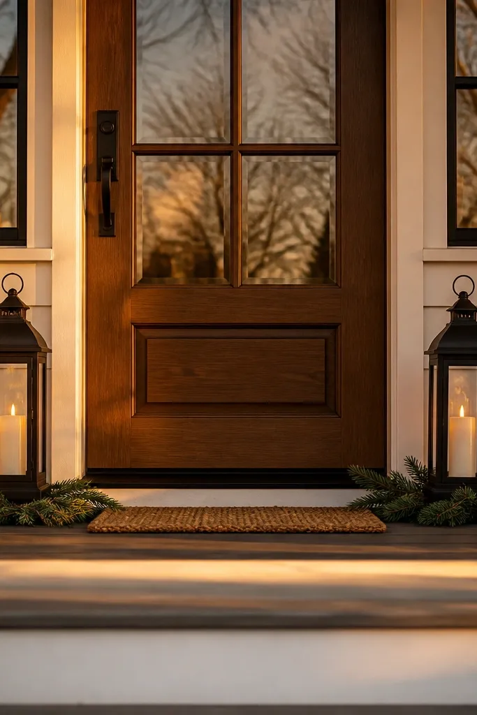 Black lanterns on either side of a porch step with cream candles