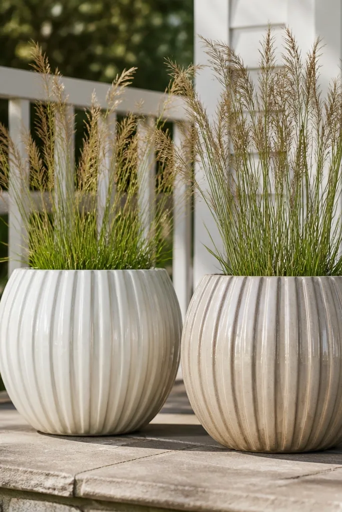 Ribbed cream ceramic pots with small pampas grass tufts on a porch