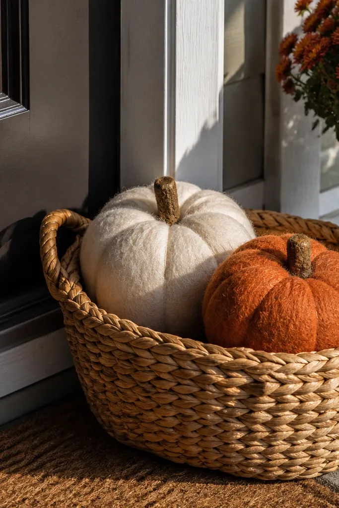 Woven basket with two small felt pumpkins beside a porch railing