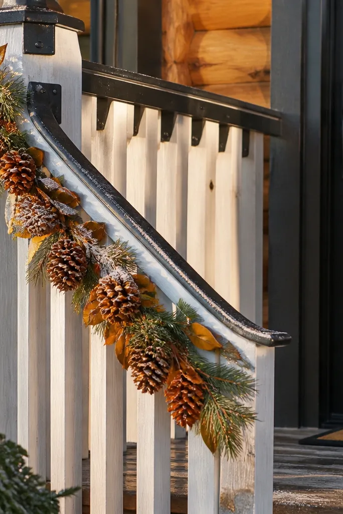Warm fall garland draped along porch railing with small leaves and pinecones