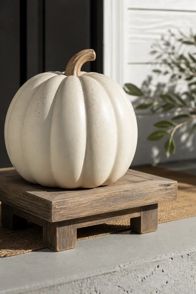 Single tall statement pumpkin on a small wooden pedestal near the door