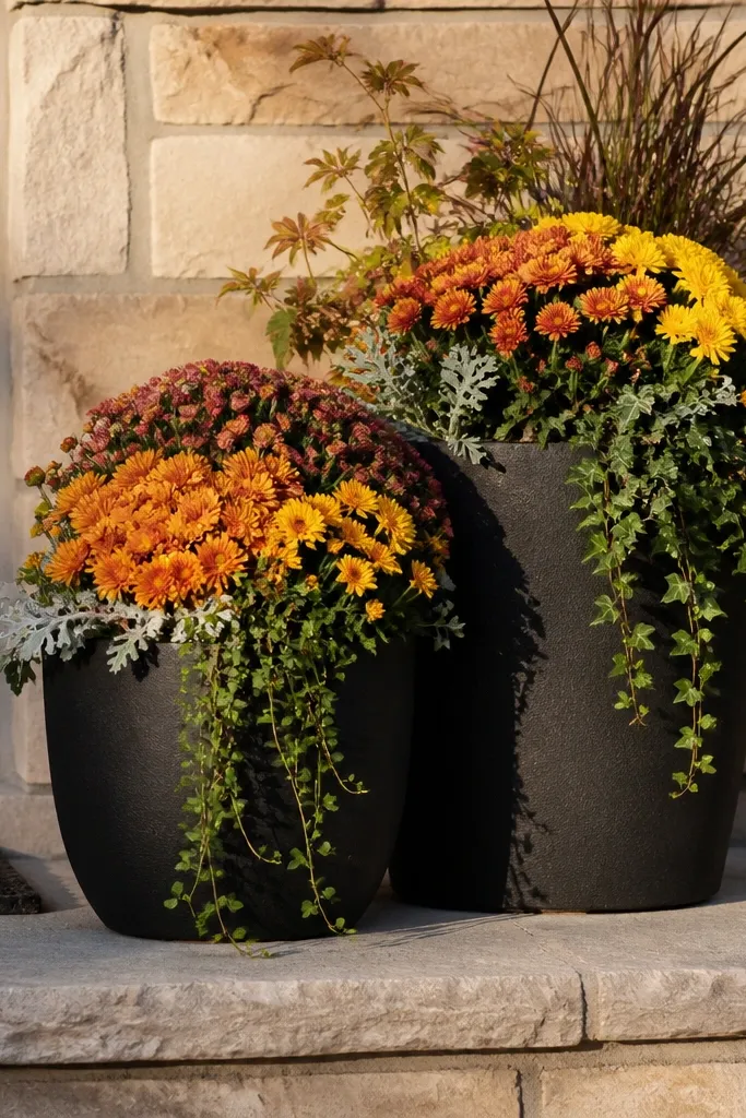 Two asymmetrical planters with mums and trailing greenery along porch edge