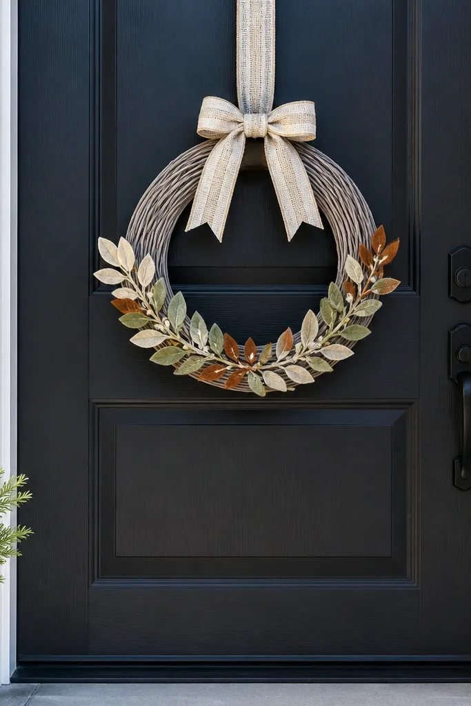 Small fall wreath on door with a tan ribbon loop and subtle pinecones