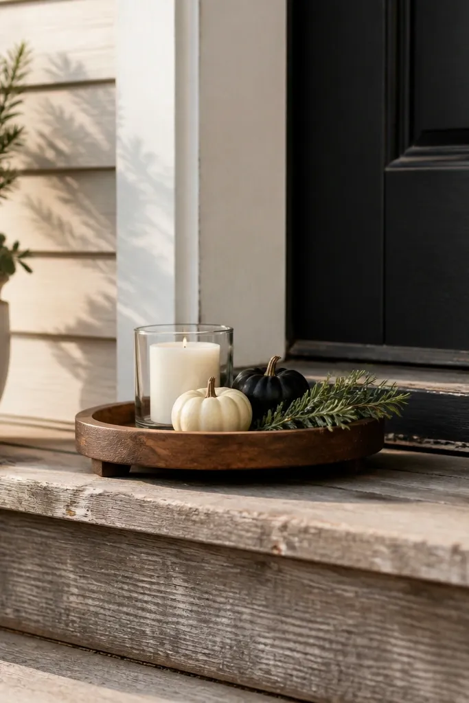 Small tiered tray with a candle, tiny pumpkins, and dried leaves on porch