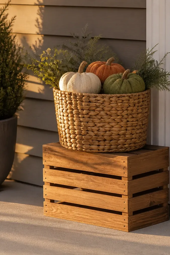 Wood crate with a fall basket stacked in a porch corner near the railing