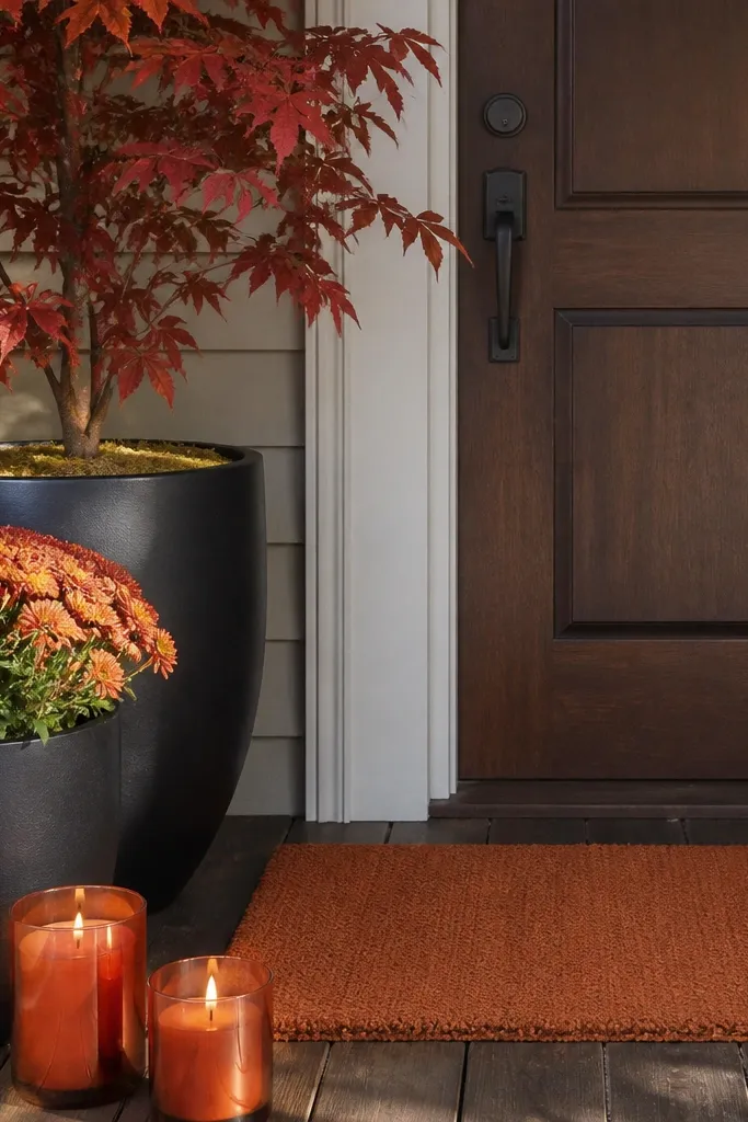 Terracotta mat with rust candles and small greenery in matching planters