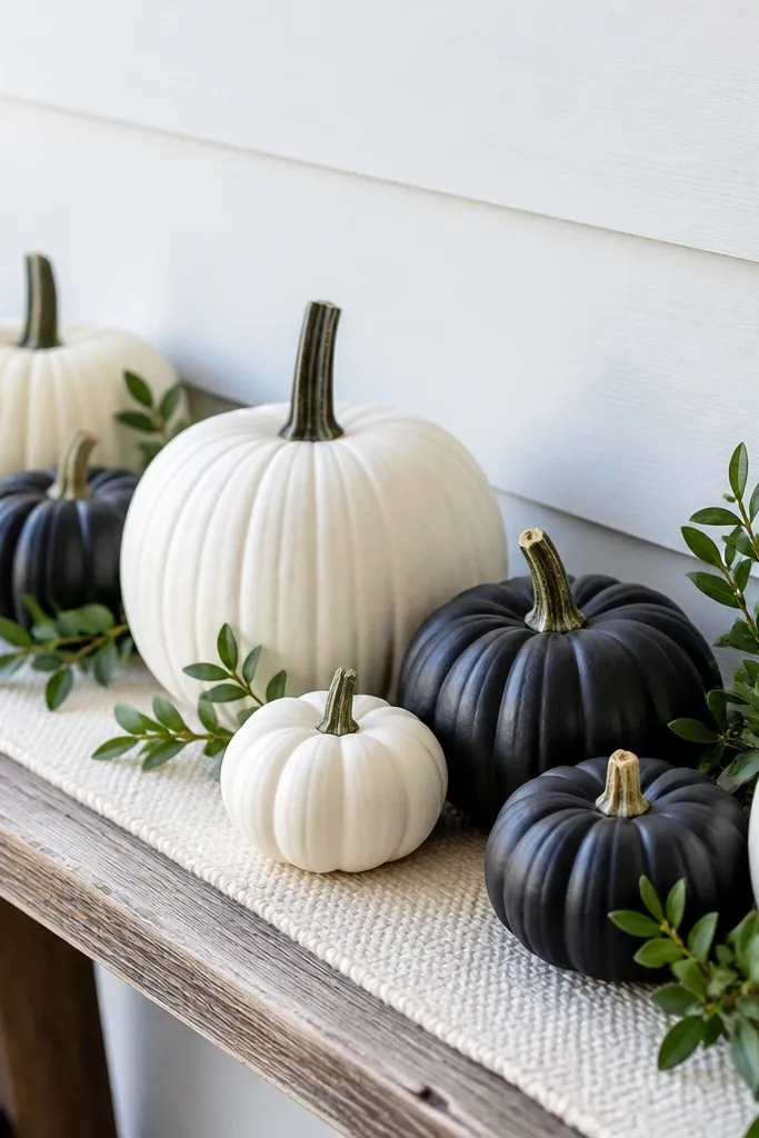 Black and white mini pumpkins with small green sprigs on a narrow porch bench