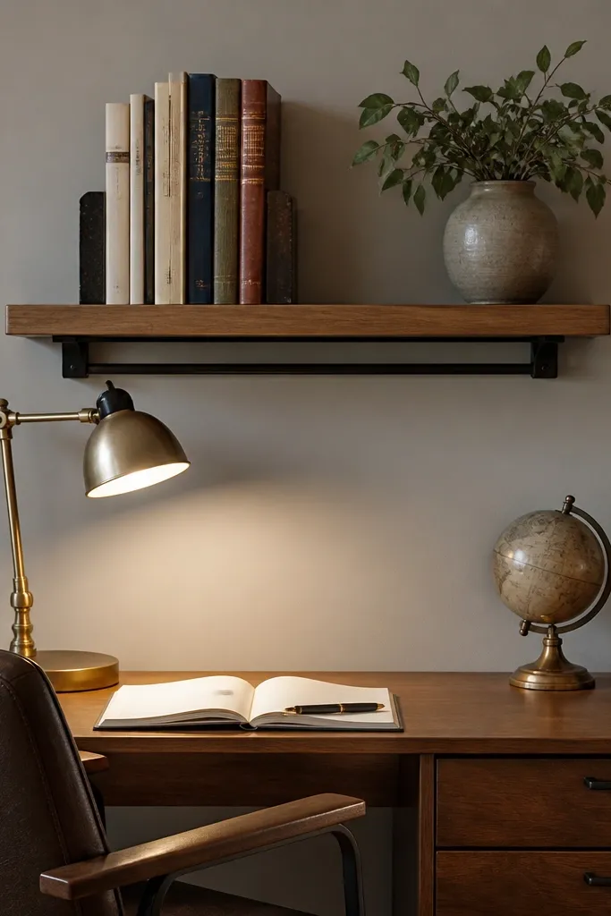 Warm wood floating shelf with books aligned and a small lamp beside