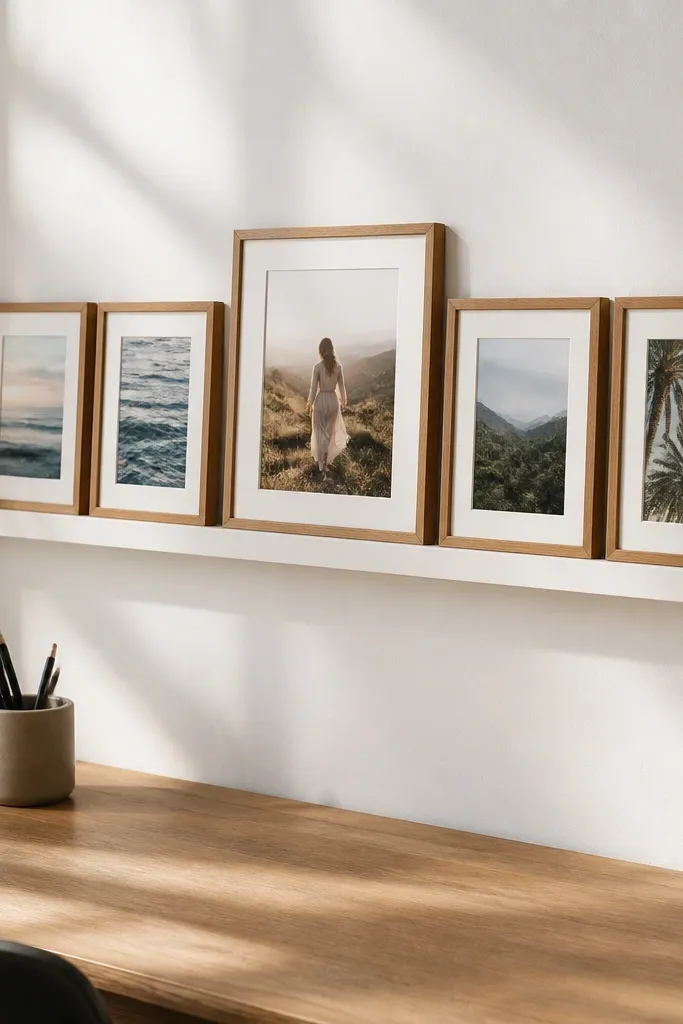 Five small framed prints arranged evenly on a narrow wall ledge