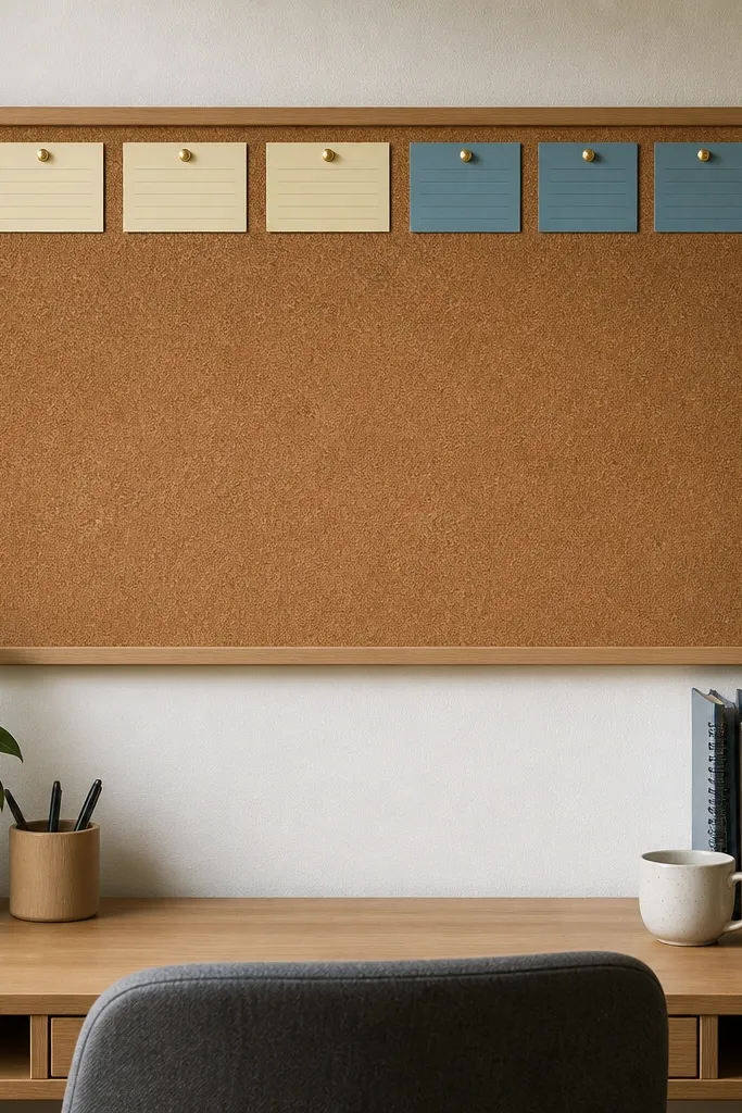 Cork board with neat pinned study cards in a straight top row