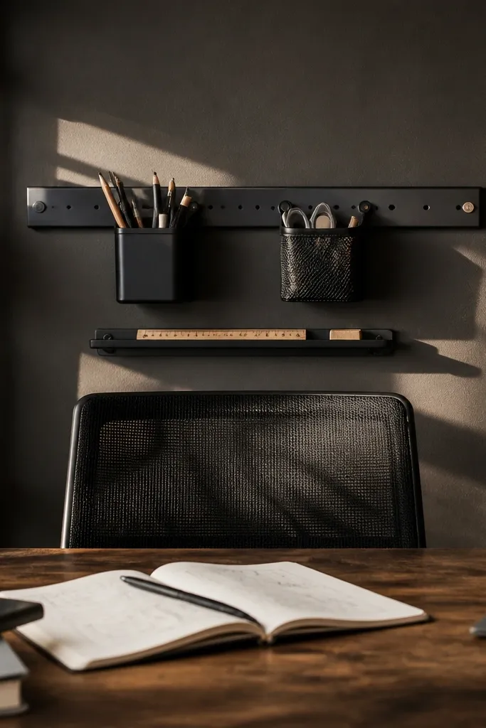 Matte peg rail with two hanging organizers and a small tray underneath