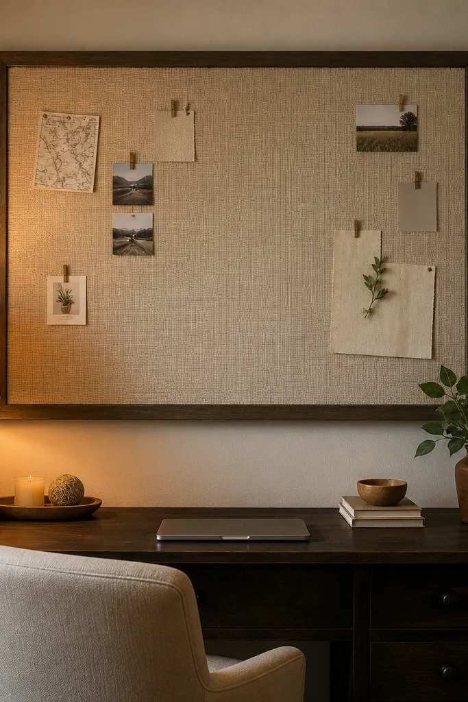 Large linen board in a slim frame with pinned notes and a small print