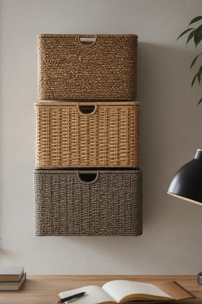 Two woven baskets stacked vertically with one slim basket beside