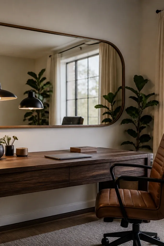 Oval mirror on the wall with soft lamp glow and a small tray below