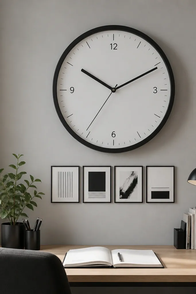 Large wall clock with a neat row of small typography prints beside it
