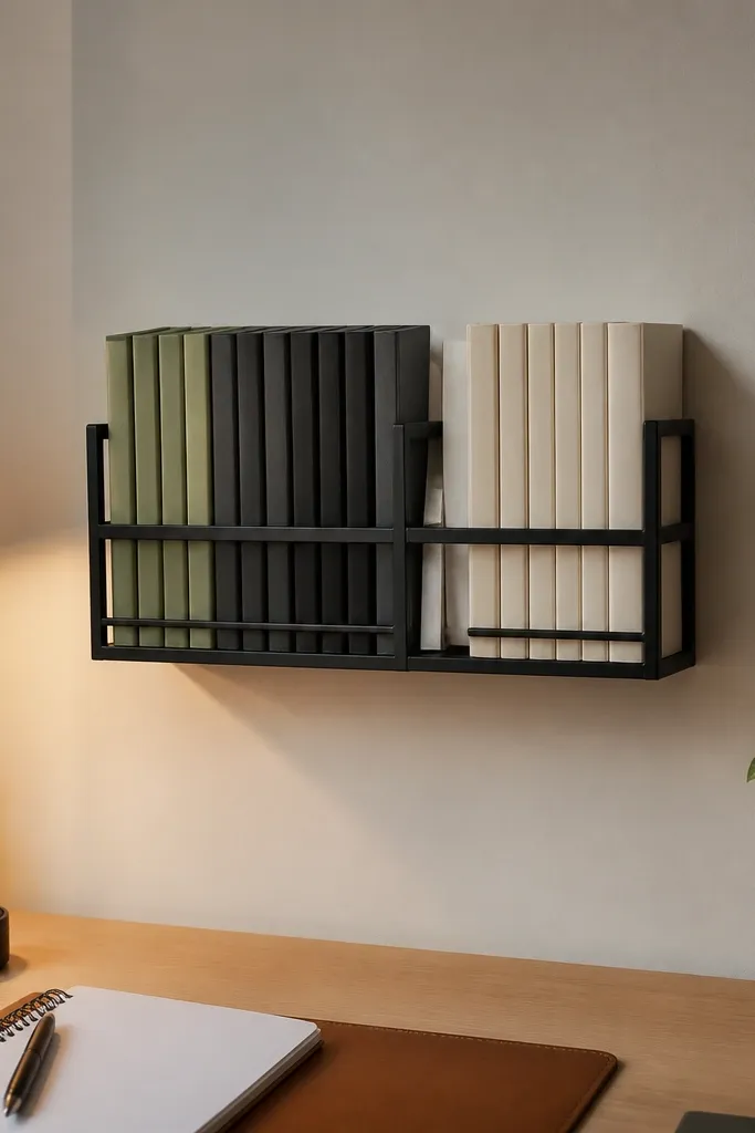 Wall-mounted magazine rack holding notebooks and a single textbook row