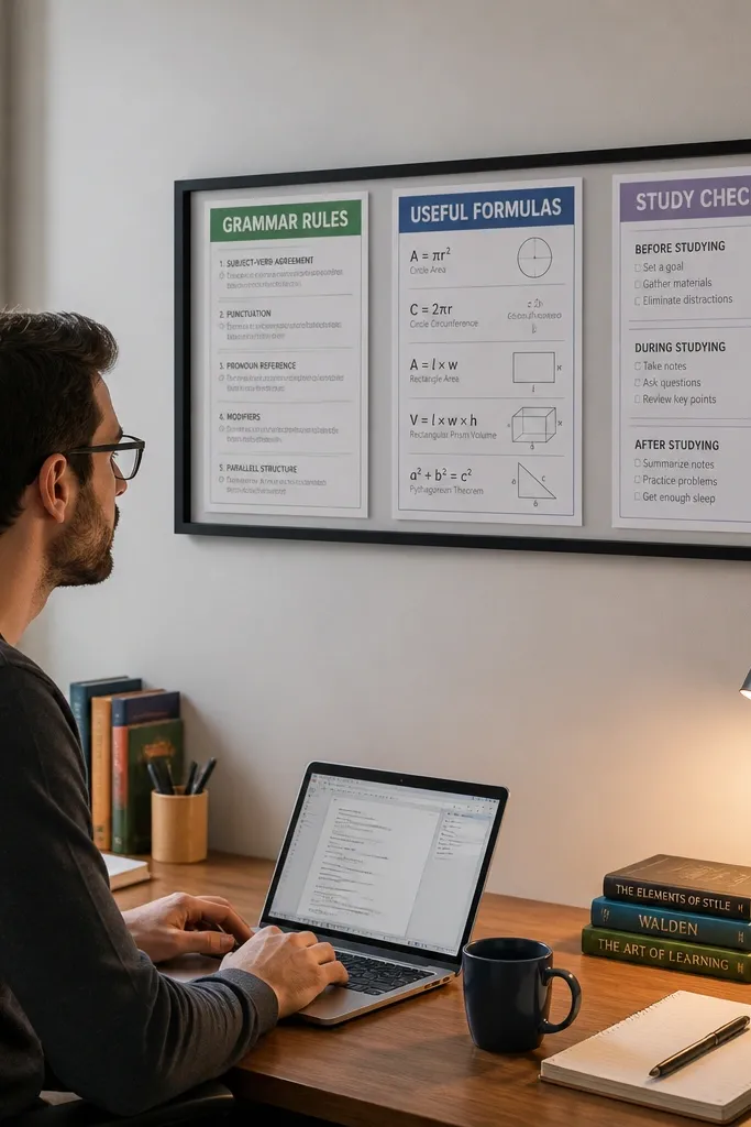 Framed rail with three laminated study posters aligned in a row