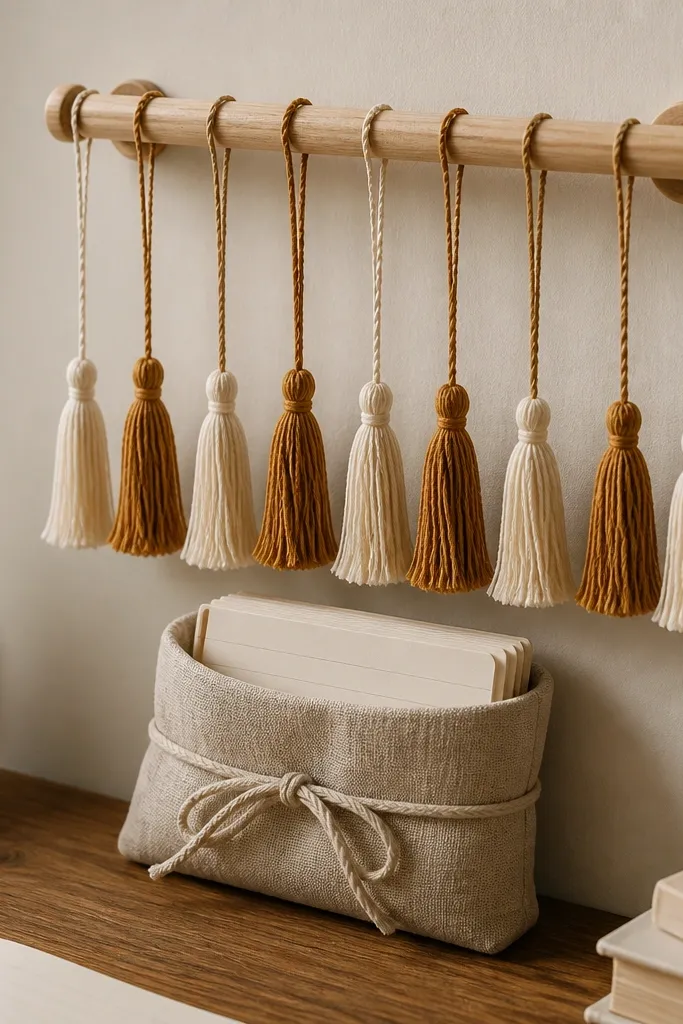 Small dowel on wall with tassel bookmarks and a fabric note pouch below