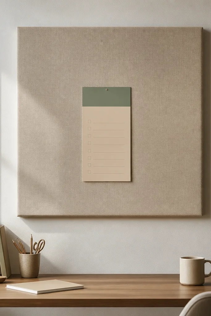 Fabric-covered wall panel with a neat checklist card in one color block