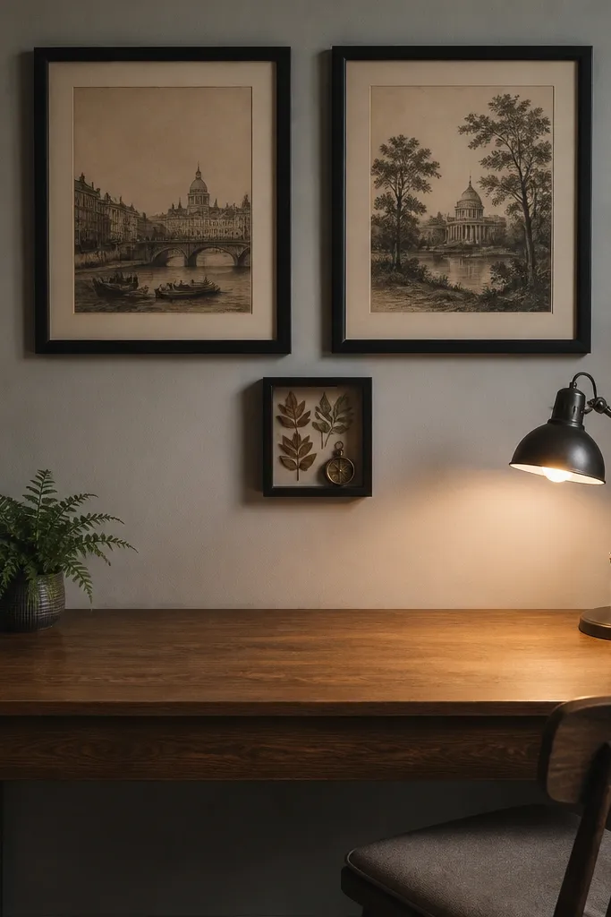 Two matching frames with one shadow-box object centered between them