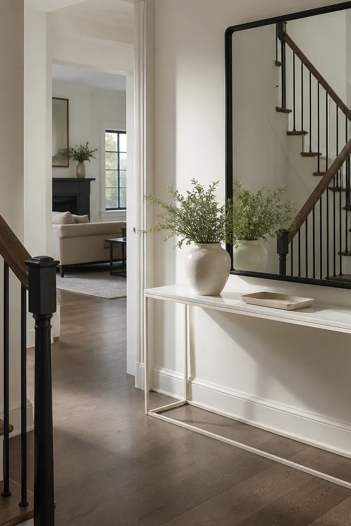 Black mirror above slim white console with a small runner and wall sconces