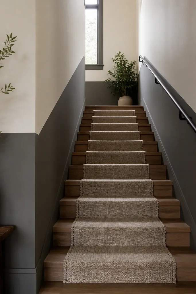 Light and dark wall paint split with a centered runner on stairs and simple bench below