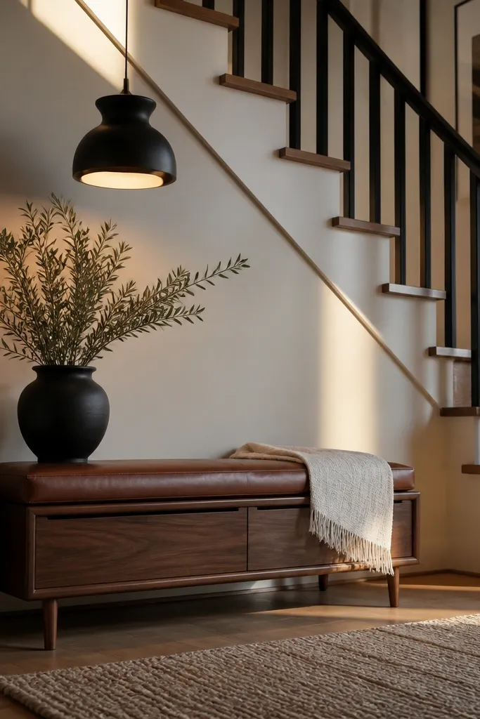 Wood bench with leather cushion under a sculptural pendant above a stair landing