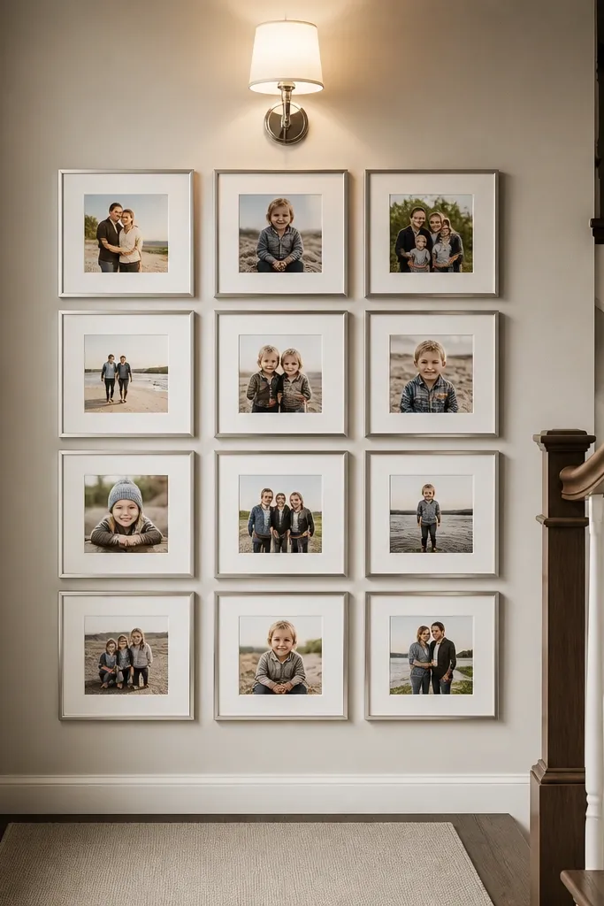 Framed photos in a neat grid on the landing wall beside stairs
