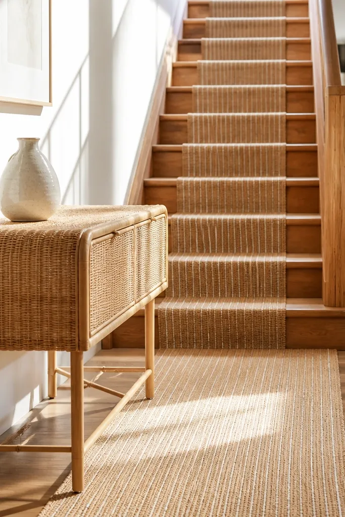 Rattan console with warm woven textures and a subtle runner centered on stairs