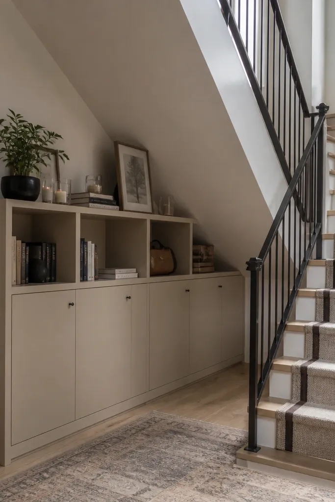Open cubby shelving above closed shoe storage near stairs with decor arranged in rows