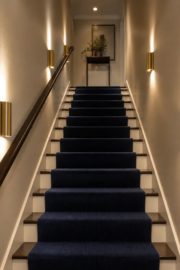 Dark runner centered on stairs with matching sconces on both sides of the entry wall