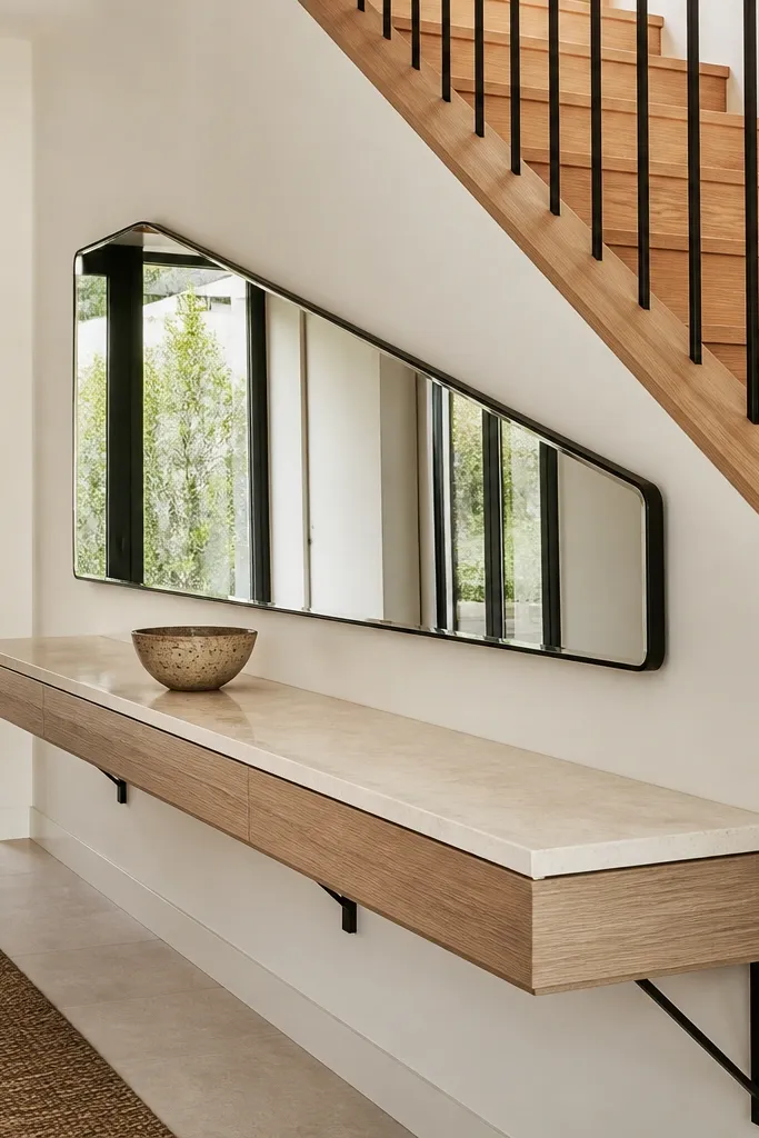 Long mirror strip above a narrow console beside the staircase with minimal decor