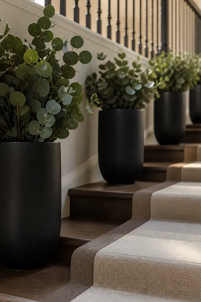 Stair rail with matching planters and a sharply centered runner with neat edges