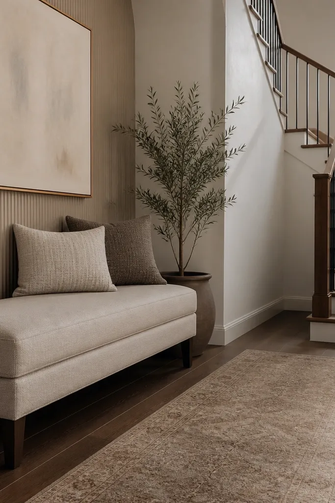 Neutral bench with textured wall panel behind and a simple framed mirror near stairs