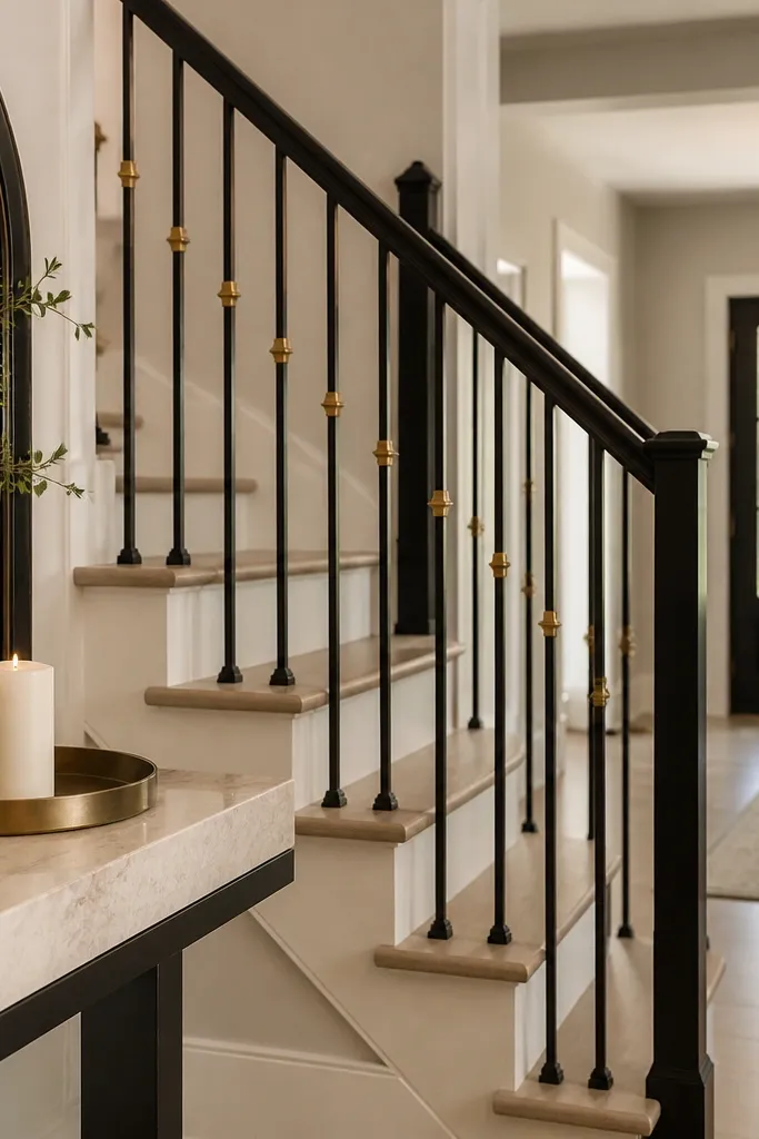 Matte black railing look with brass accents and a light stone console near the stairs